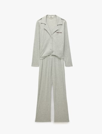Rahat Kalıp Uzun Kollu Düğmeli Gömlek Yaka Kaşkorse Pijama Takımı