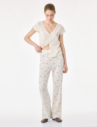 Ayıcık Baskılı Pamuklu Rahat Kalıp V Yaka Kısa Kollu Pijama Takımı