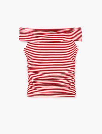 Koton X Sibil Çetinkaya - Slim Fit Drape Detaylı Çizgili Omzu Açık Bluz
