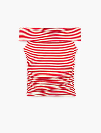 Koton X Sibil Çetinkaya - Slim Fit Drape Detaylı Çizgili Omzu Açık Bluz