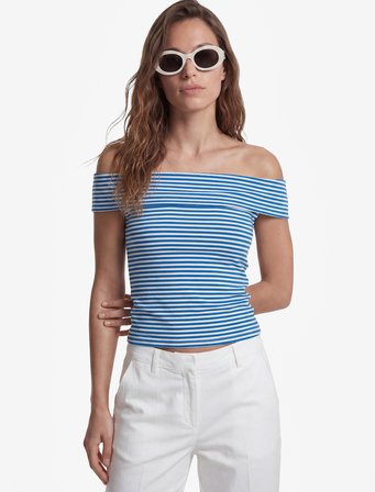 Koton X Sibil Çetinkaya - Slim Fit Drape Detaylı Çizgili Omzu Açık Bluz