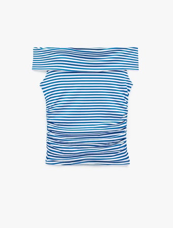 Koton X Sibil Çetinkaya - Slim Fit Drape Detaylı Çizgili Omzu Açık Bluz