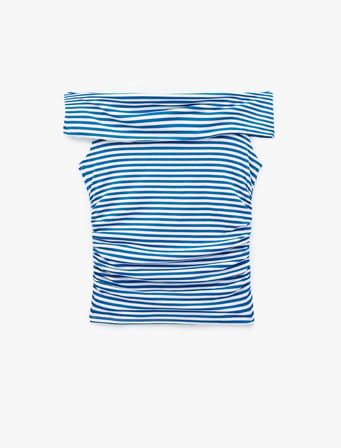 Koton X Sibil Çetinkaya - Slim Fit Drape Detaylı Çizgili Omzu Açık Bluz