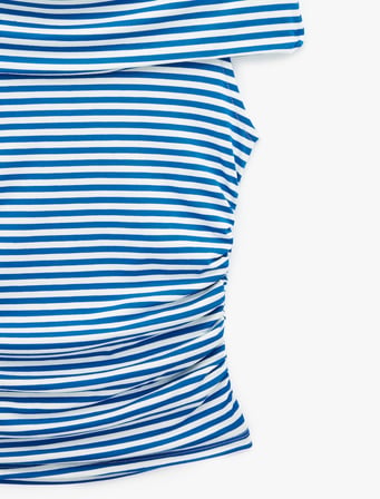 Koton X Sibil Çetinkaya - Slim Fit Drape Detaylı Çizgili Omzu Açık Bluz