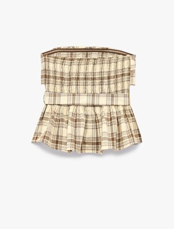 Gipeli Kat Detaylı Kemerli Ekose Straplez Crop Top