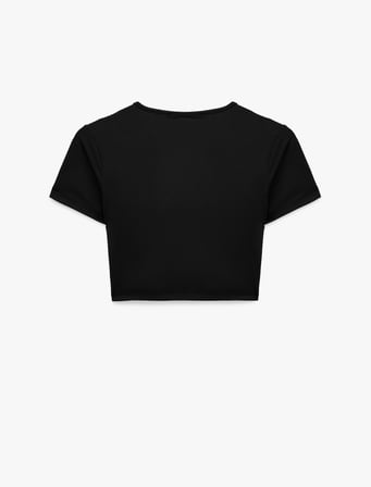 Drape Detaylı Slim Fit Bisiklet Yaka Kısa Kollu Crop Tişört