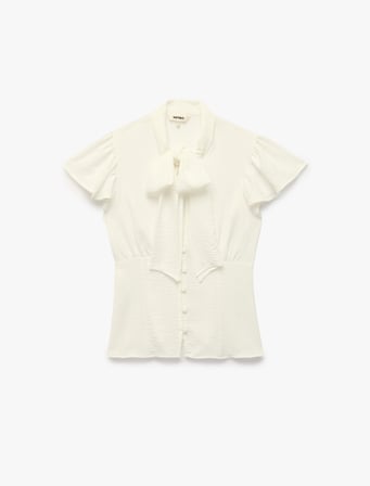 Aerobin Kumaş Slim Fit Şal Yaka Fırfırlı Karpuz Kollu Düğmeli Gömlek