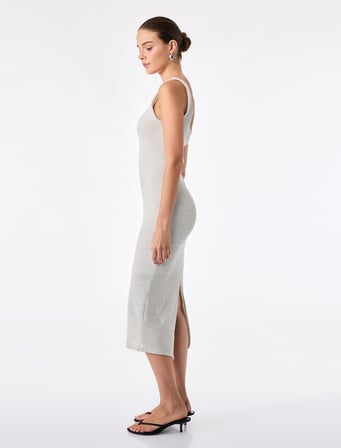 Slim Fit U Yaka Kolsuz Yırtmaçlı Askılı Triko Elbise