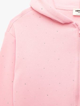Taş Detaylı Uzun Kollu Fermuarlı Şardonlu Kapşonlu Sweatshirt