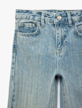 Pamuklu Cepli Yüksek Bel İspanyol Paça Denim Pantolon