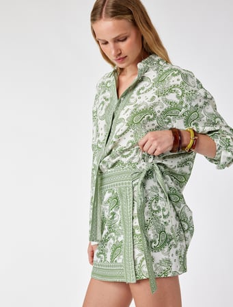 Slim Fit Viskon Rayon Kumaş Bağlama Detaylı Etnik Şal Desenli Mini Şort Etek
