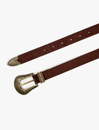 Kabartmalı Metal Toka Detaylı Suni Süet Kemer