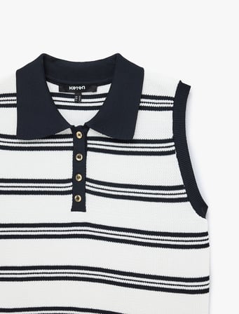 Düğmeli Çizgili Polo Yaka Kolsuz Triko Top