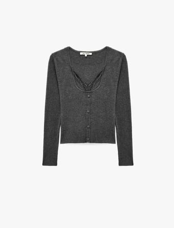 İkili Katmanlı Dantel Detaylı Slim Fit U Yaka Uzun Kollu Düğmeli Triko Hırka