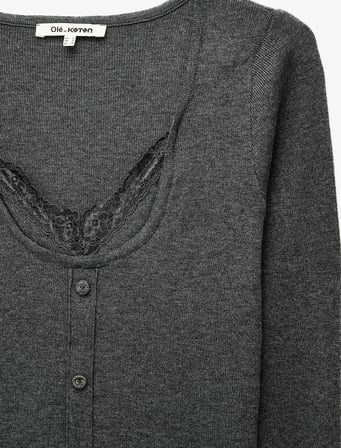 İkili Katmanlı Dantel Detaylı Slim Fit U Yaka Uzun Kollu Düğmeli Triko Hırka