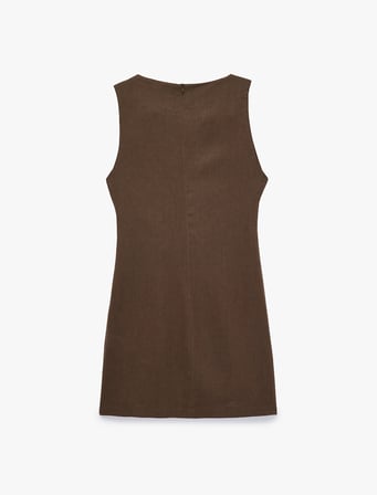 Keten Karışımlı Slim Fit Drapeli Yuvarlak Yaka Metal Aksesuarlı Kolsuz Mini Elbise