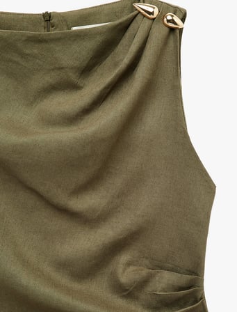 Keten Karışımlı Slim Fit Drapeli Yuvarlak Yaka Metal Aksesuarlı Kolsuz Mini Elbise