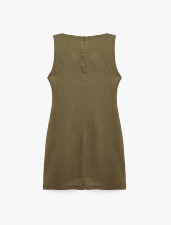Keten Karışımlı Slim Fit Drapeli Yuvarlak Yaka Metal Aksesuarlı Kolsuz Mini Elbise
