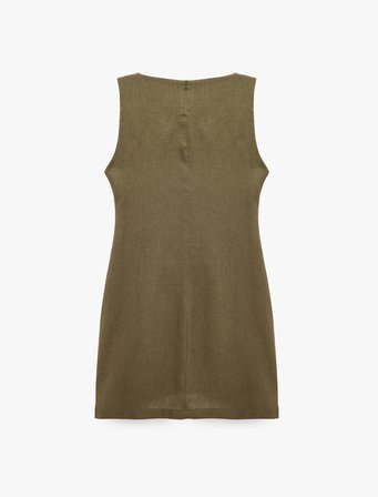 Keten Karışımlı Slim Fit Drapeli Yuvarlak Yaka Metal Aksesuarlı Kolsuz Mini Elbise
