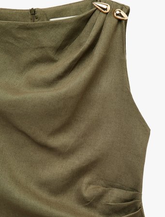 Keten Karışımlı Slim Fit Drapeli Yuvarlak Yaka Metal Aksesuarlı Kolsuz Mini Elbise