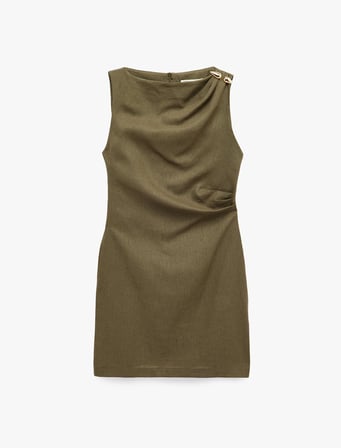 keten karışımlı slim fit drapeli yuvarlak yaka metal aksesuarlı kolsuz mini elbise
