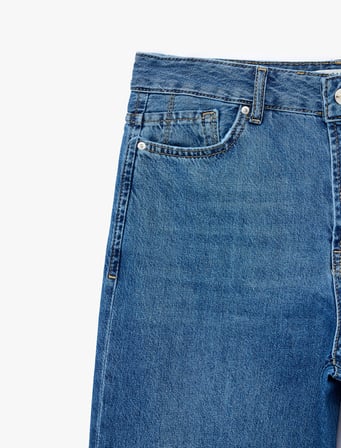 Pamuklu Normal Bel Düğmeli Düz Paça Denim Pantolon - Straight Fit Jean