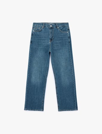 Pamuklu Normal Bel Düğmeli Düz Paça Denim Pantolon - Straight Fit Jean