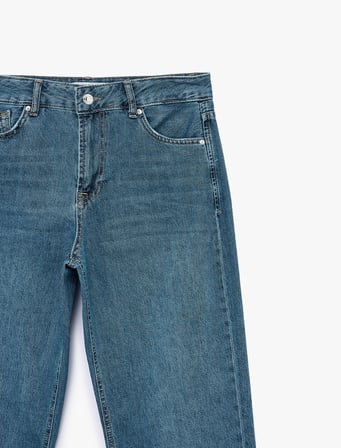 Pamuklu Normal Bel Düğmeli Düz Paça Denim Pantolon - Straight Fit Jean