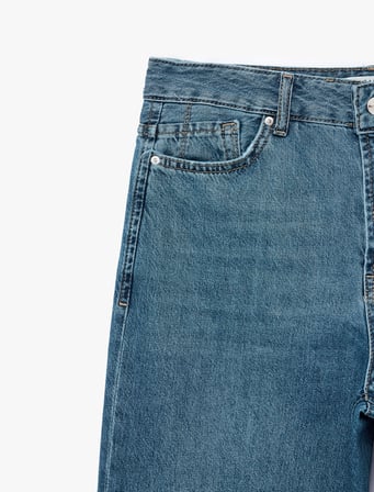 Pamuklu Normal Bel Düğmeli Düz Paça Denim Pantolon - Straight Fit Jean