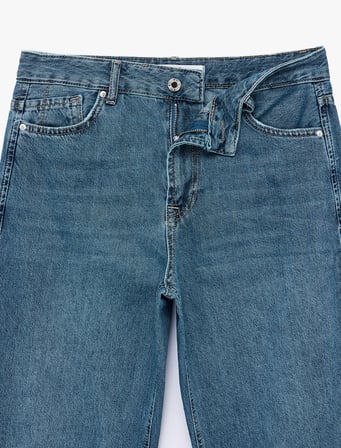 Pamuklu Normal Bel Düğmeli Düz Paça Denim Pantolon - Straight Fit Jean