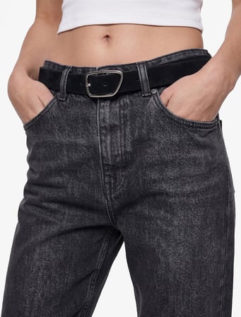 Kemerli Yüksek Bel Dar Kalıp Düz Paça Pamuklu Denim Pantolon - Mom Slim Jean