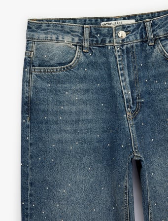 Taş Detaylı Yüksek Bel Düz Paça Denim Pantolon- Straight Jeans