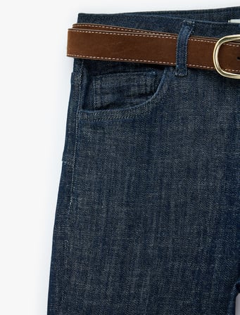Cepli Düğmeli Kemer Detaylı Dar Kesim İspanyol Paça Denim Pantolon - Flare Jeans