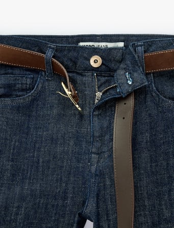 Cepli Düğmeli Kemer Detaylı Dar Kesim İspanyol Paça Denim Pantolon - Flare Jeans