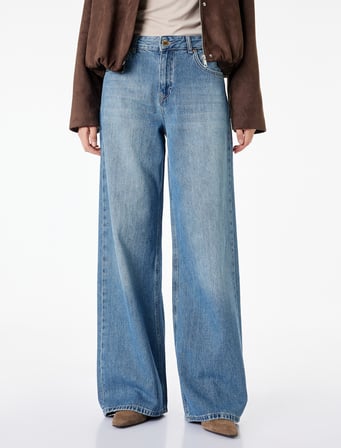 Düğmeli Cep Detaylı Normal Bel Bol Kalıp Denim Pantolon - Loose Straight Fit Jean