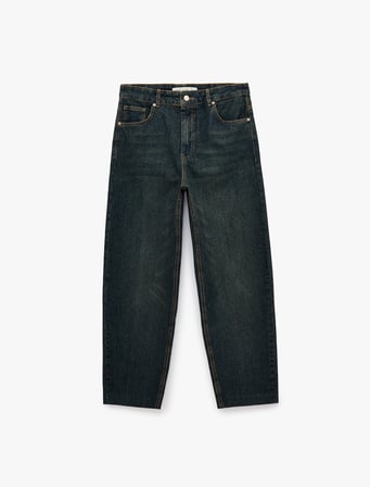Pamuklu Düz Paça Cepli Düğmeli Normal Bel Barrel Denim Pantolon - Barrel Jeans