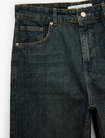 Pamuklu Düz Paça Cepli Düğmeli Normal Bel Barrel Denim Pantolon - Barrel Jeans