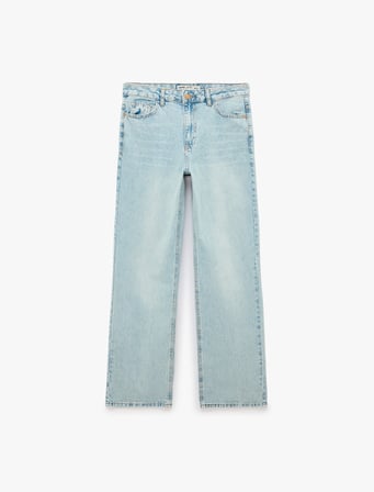 Düz Paça Normal Bel Cepli Düğmeli Denim Pantolon - Longer Straight Fit Jean