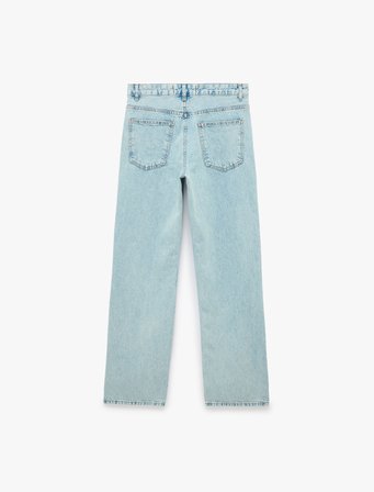 Düz Paça Normal Bel Cepli Düğmeli Denim Pantolon - Longer Straight Fit Jean