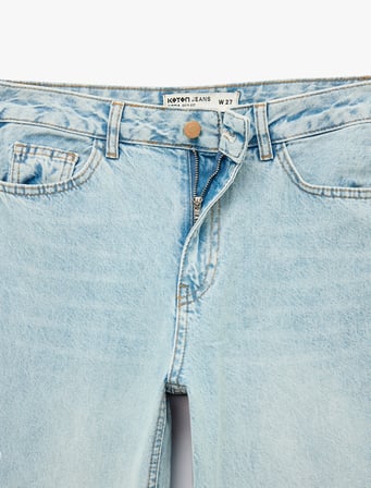 Düz Paça Normal Bel Cepli Düğmeli Denim Pantolon - Longer Straight Fit Jean