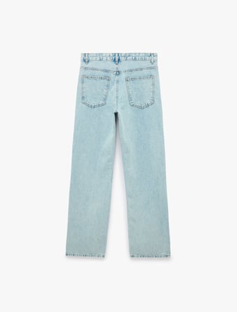 Düz Paça Normal Bel Cepli Düğmeli Denim Pantolon - Longer Straight Fit Jean