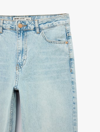 Düz Paça Normal Bel Cepli Düğmeli Denim Pantolon - Longer Straight Fit Jean