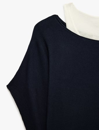 Slim Fit Kayık Yaka Uzun Kollu İkili Triko Kazak