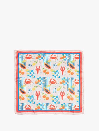 Yaz Temalı Desenli Saten Kare Fular Bandana - Koton X Sibil Çetinkaya