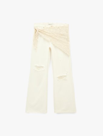 Dar Kalıp Dantel Detaylı Yıpratılmış İspanyol Paça Pantolon - Flare Jeans
