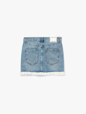 Dantel Detaylı Cepli Düğmeli Mini Denim Etek