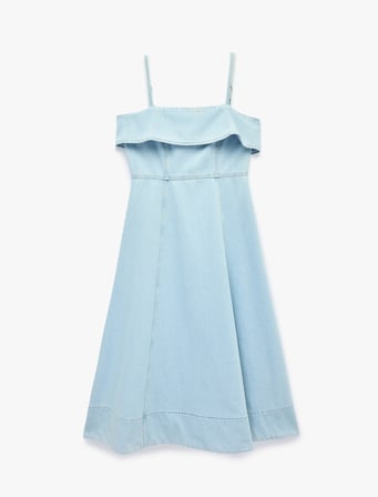Yakası Katlı İp Askılı Volanlı Uzun Denim Elbise
