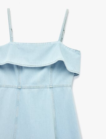 Yakası Katlı İp Askılı Volanlı Uzun Denim Elbise