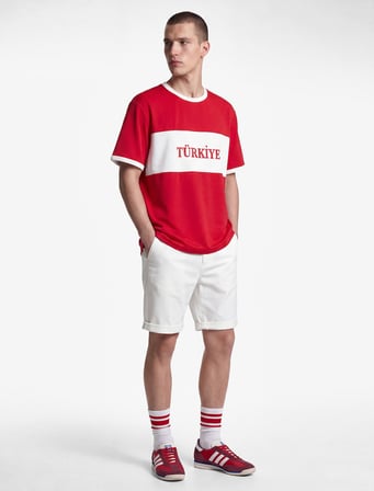 Regular Fit Bisiklet Yaka Renk Bloklu Kısa Kollu Futbol Temalı Baskılı Tişört