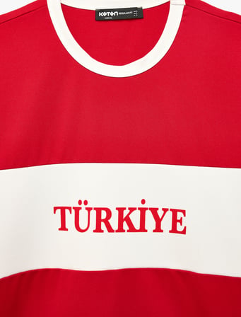 Regular Fit Bisiklet Yaka Renk Bloklu Kısa Kollu Futbol Temalı Baskılı Tişört